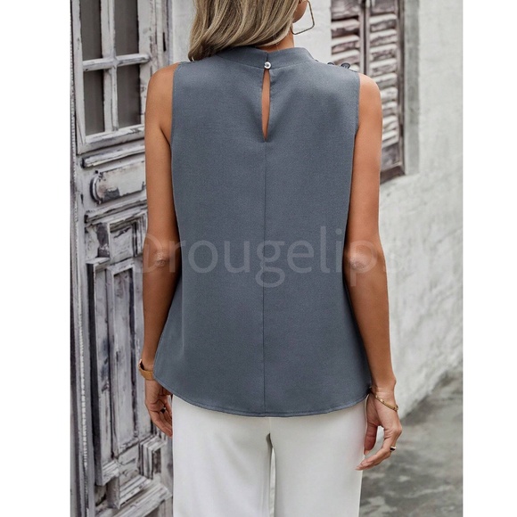 Gray Cowl Draped Pleated Neck Sleeveless Top Blouse Decorative Shoulder Buttons - Picture 3 of 9